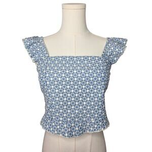 NWT Embroidery Blue White Back Tie Crop Top